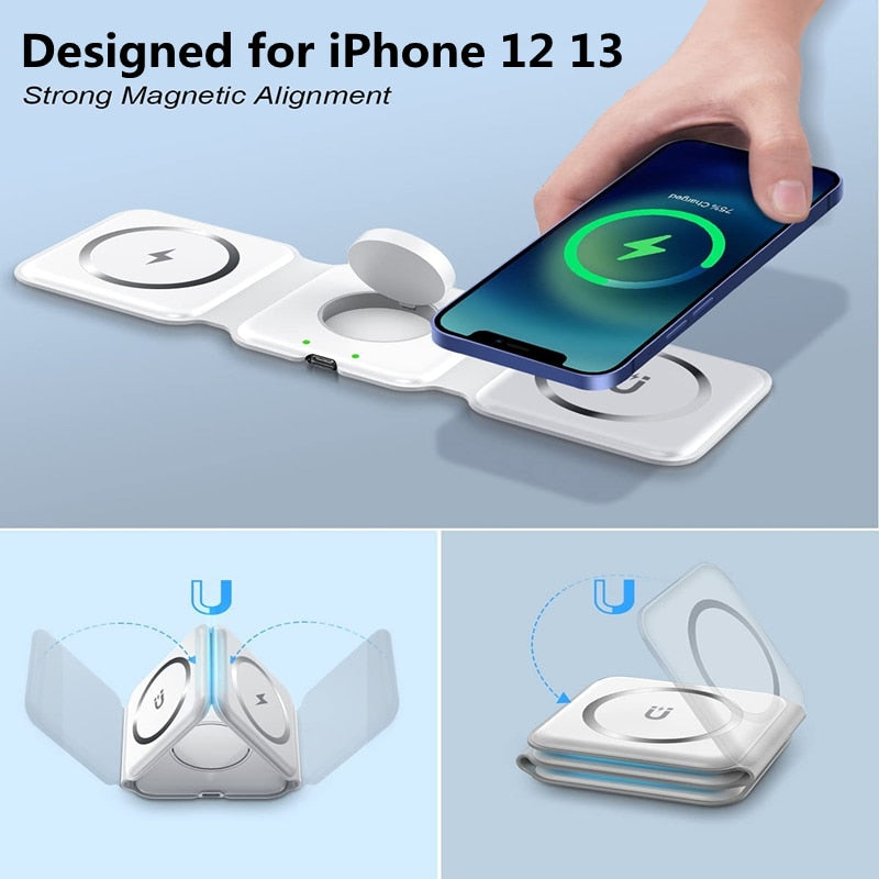 Magnetic 3 in 1 Fast Wireless Charger 15W Foldable Charging Station for iPhone 14 13 12 Pro Max Mini iWatch 8 7 SE AirPods Pro 2